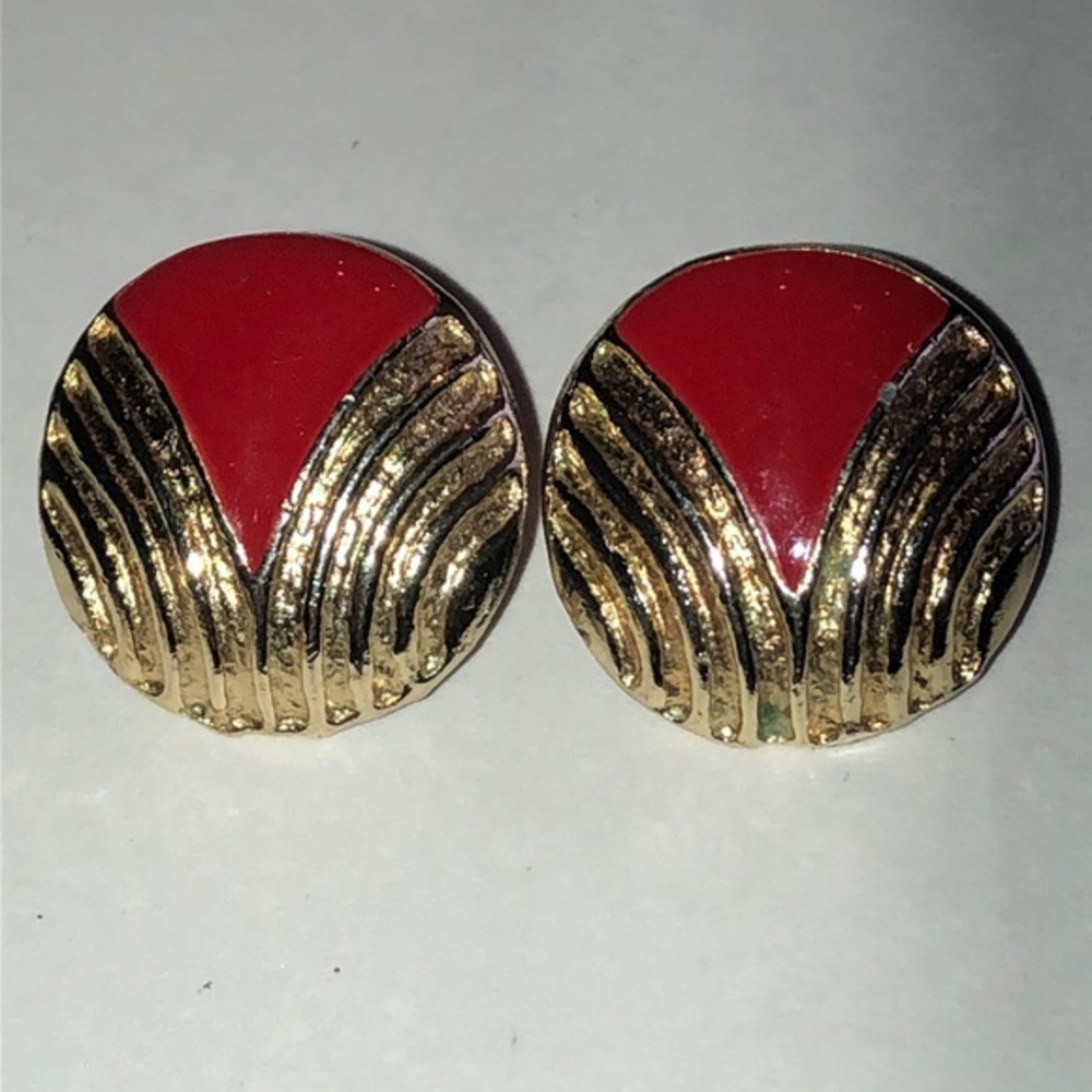 Elegant Red Enamel and Gold Tone Retro Boho Earrings